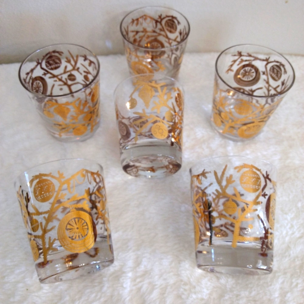RARE 6 Cerga Glass (1954) 22K Old Fashion Glasses 3.25" Vintage Holiday Pattern